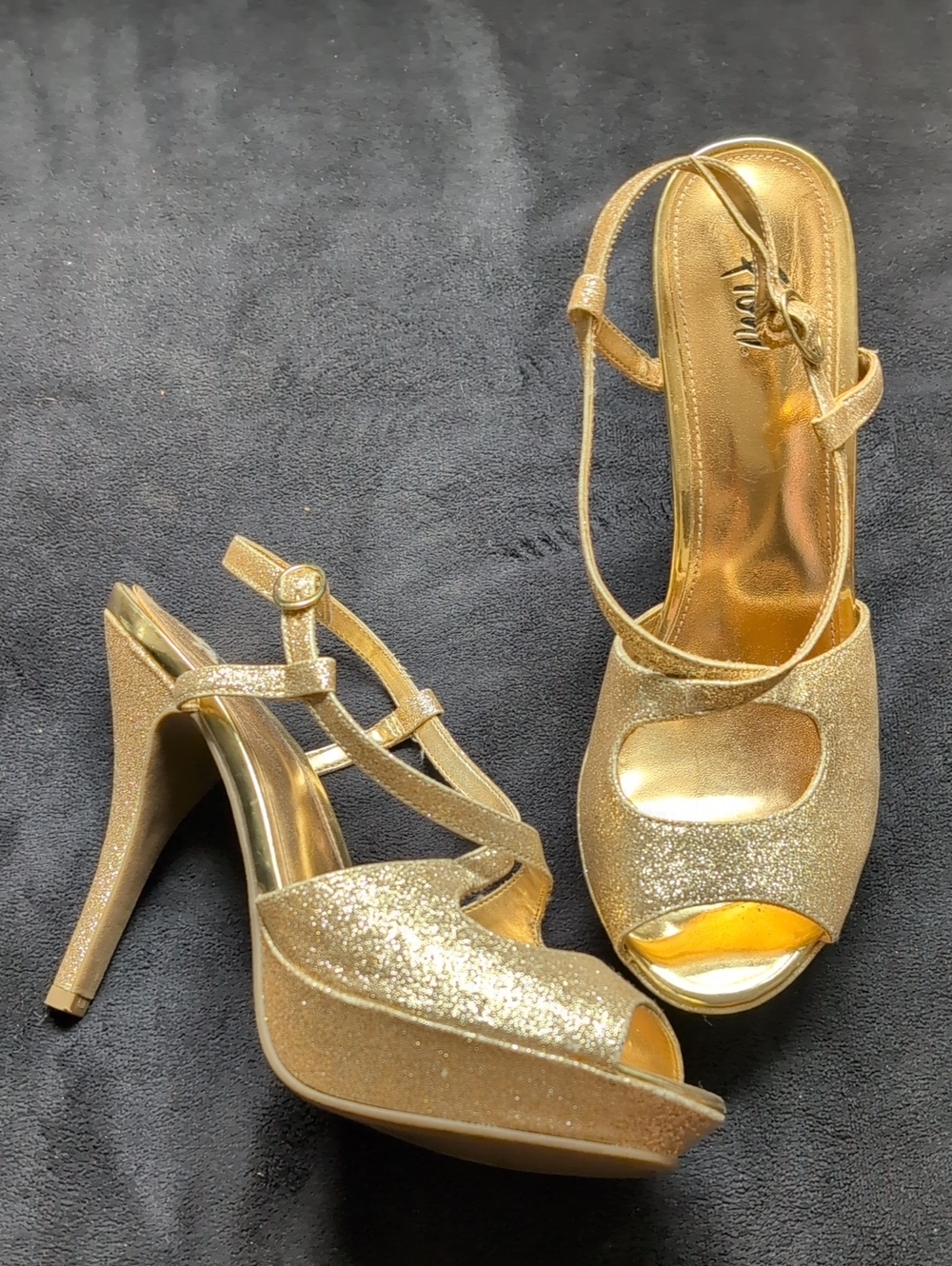 FIONI Clothing Gold Glitter Open-Toe Platform Heels with Ankle Straps